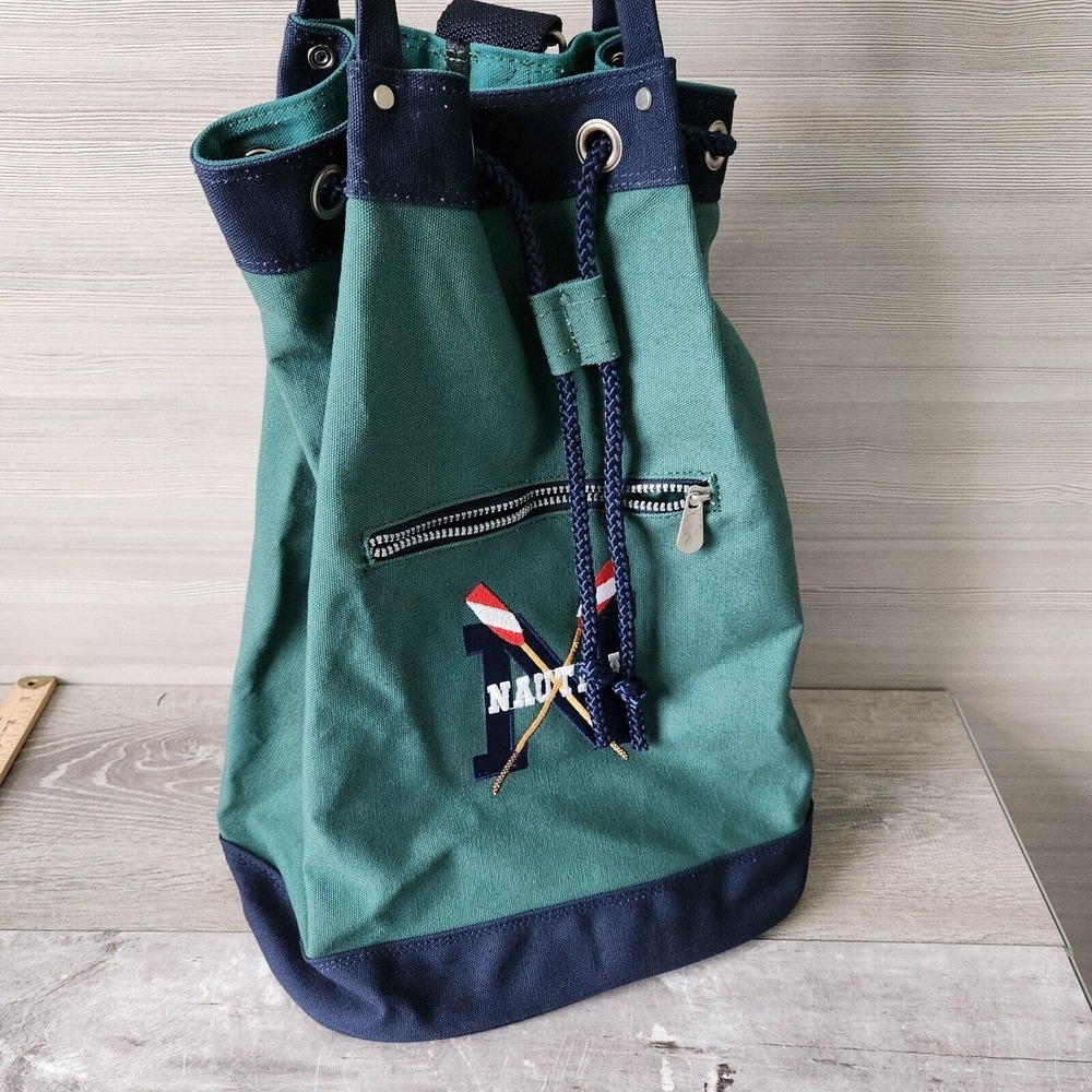 Vintage NAUTICA Green Blue Heavy Canvas Draw Pull String Sailor Seaman Sling Bag - Picture 13 of 13